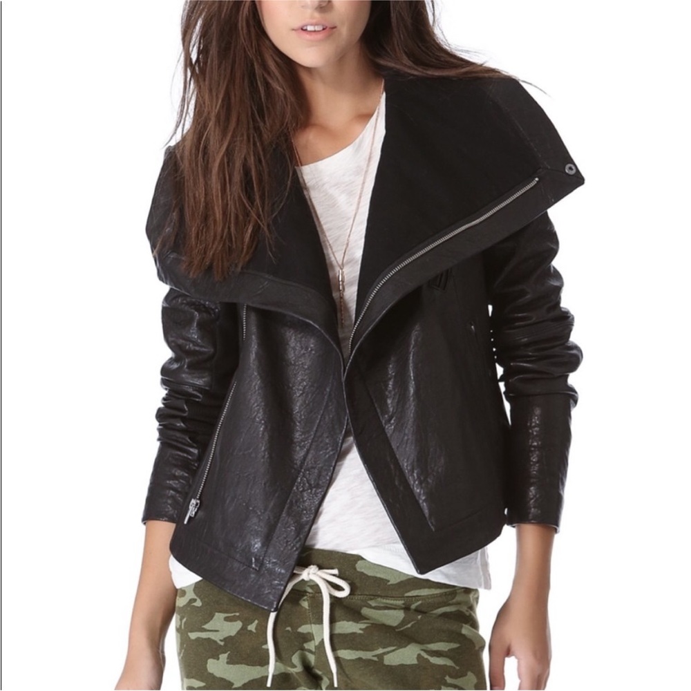 Veda Black Leather Biker Jacket, X-Small